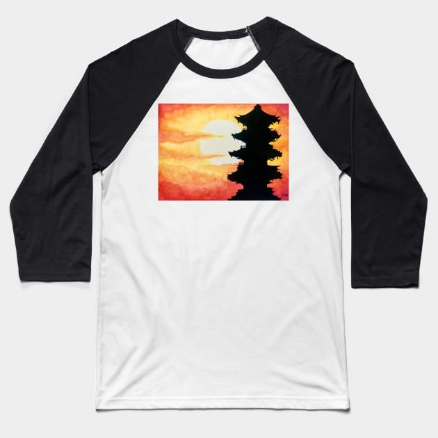 Kyoto Temple Sunset Silhouette Baseball T-Shirt by SStormes